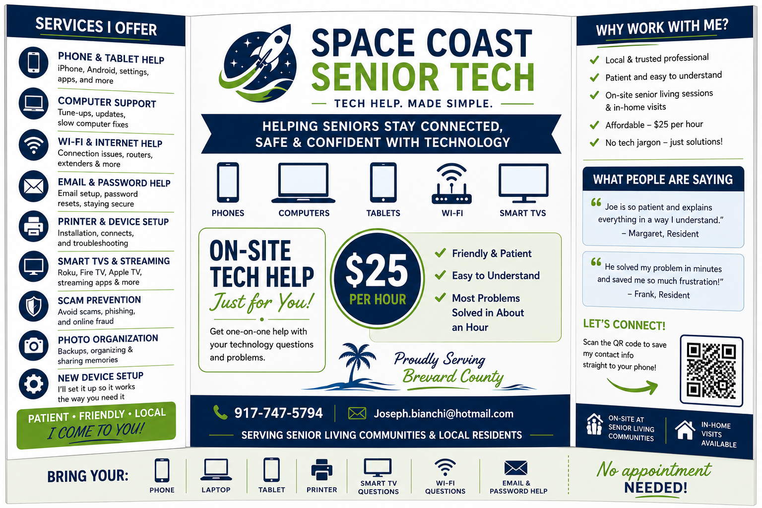 Space Coast Senior Tech program flyer with class schedule, pricing, and contact information